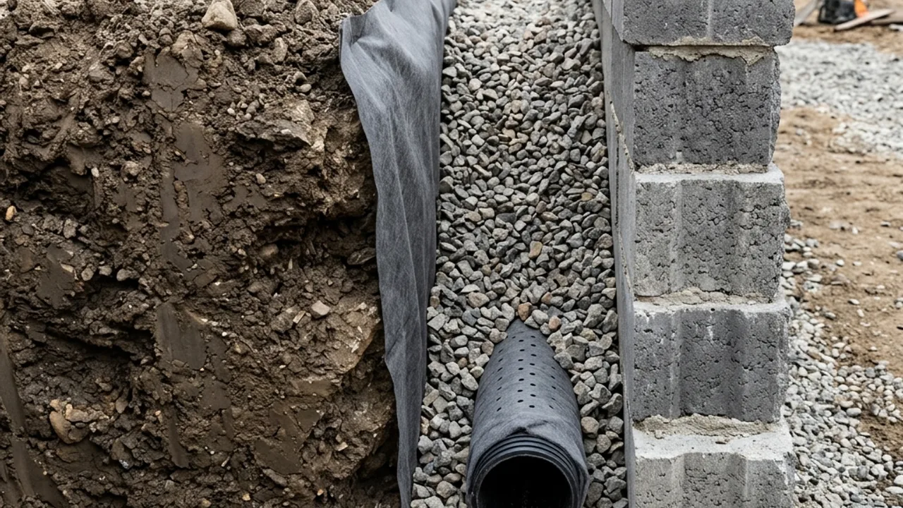 Drainage aggregate, geofabric and subsoil pipe behind a retaining wall