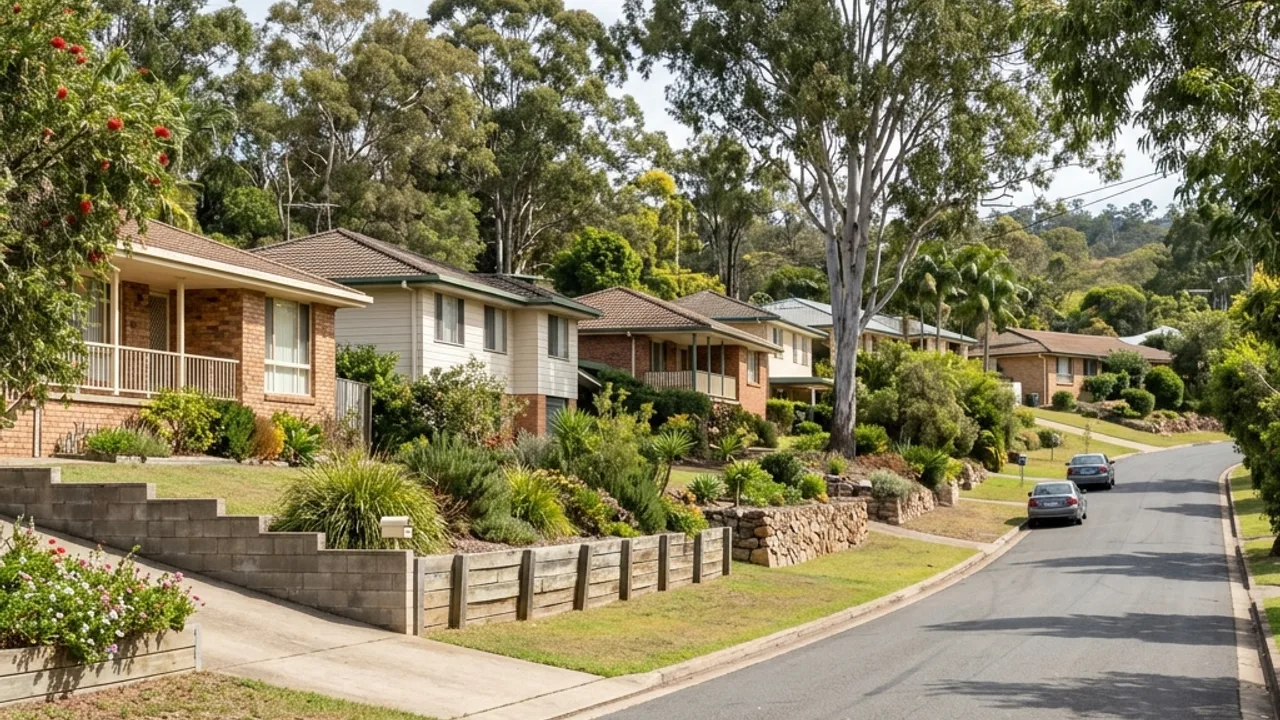 Sloping Australian residential street with retained gardens